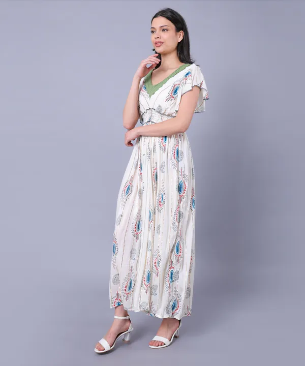 White_&_Blue_Floral_Print_Western_Dress,_V-Neck_Lace_Trim,_Flutter_Sleeves,_Empire_Waist_For_Women