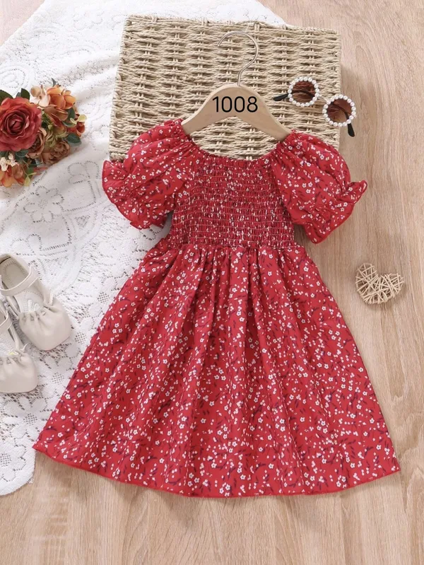 Red_Floral_Printed_Short_Sleeve_Midi_Kids_Dress