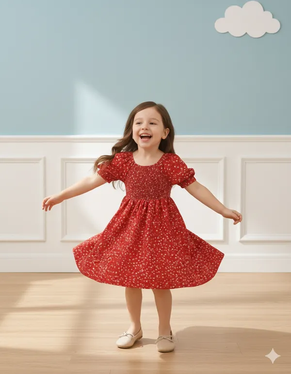 Red_Floral_Printed_Short_Sleeve_Midi_Kids_Dress