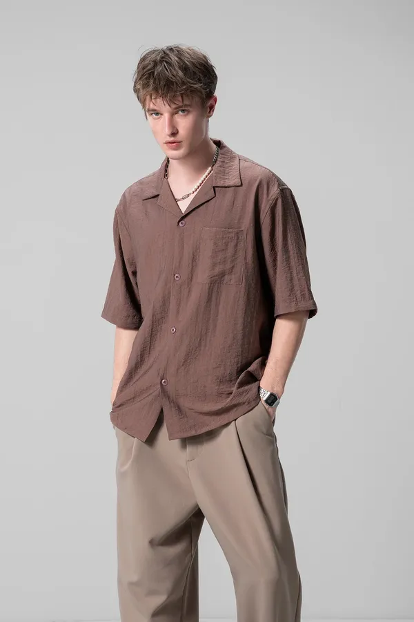 Men_Brown_Camp_Collar_Oversized_Short_Sleeve_Shirt