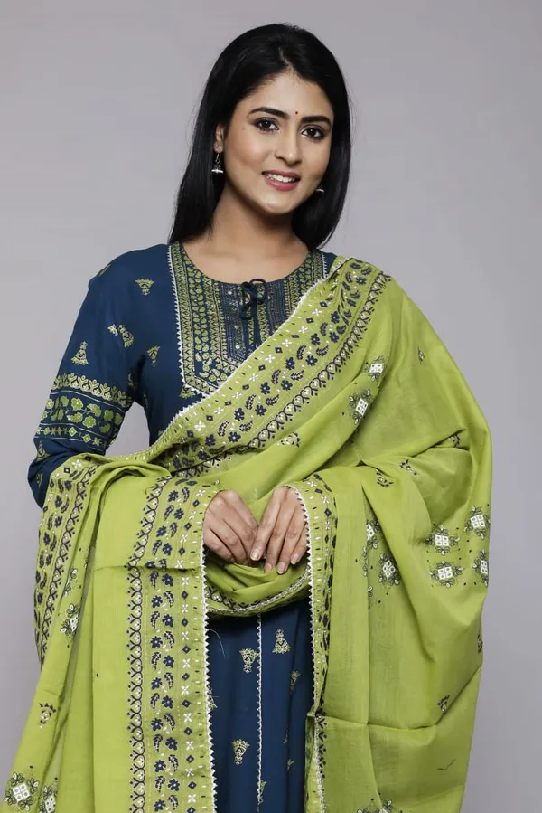 Blue_Cotton_Embroidered_Anrkali_Kurti_Palazzos_And_Malmal_Dupatta_For_Women