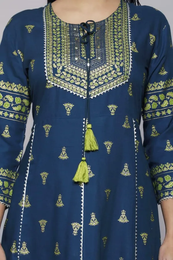 Blue_Cotton_Embroidered_Anrkali_Kurti_Palazzos_And_Malmal_Dupatta_For_Women