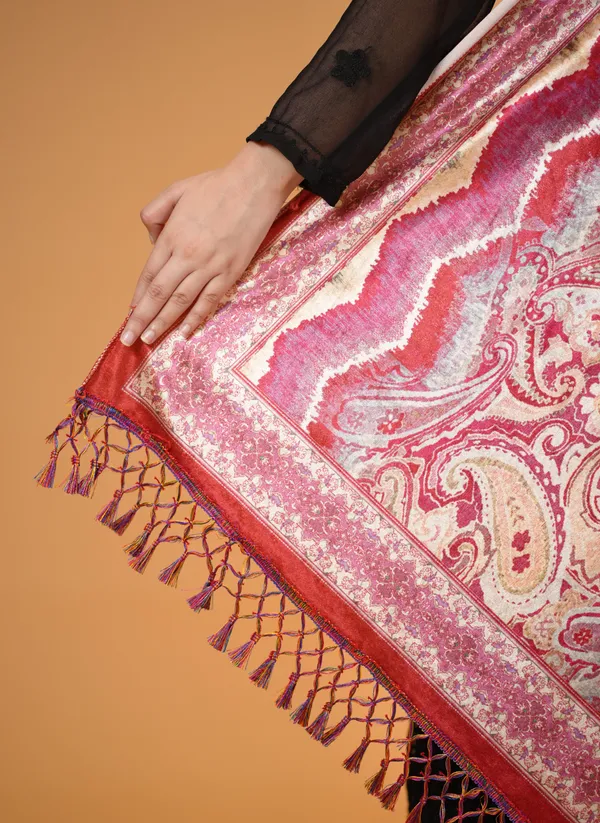 Shifneen_Velvet_Printed_Women_Shawl_Red