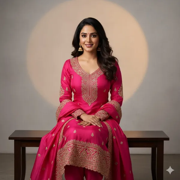 Royal_Pink_With_Golden_Embroidery_Silk_Blend_Fabric_With_Golden_Zari_Work_And_Matching_Dupatta_Ethnic_Suit_Set_For_Women