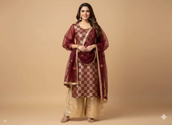 Maroon_And_Champagne_Gold_Satin_Silk_With_Floral_Print_Ethnic_Suit_Set_For_Women