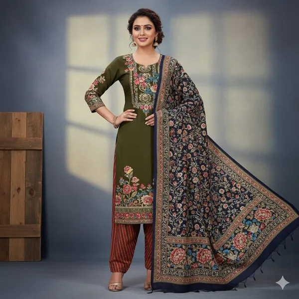 Olive_Green_With_Multicolor_Embroidery_Heavy_Lawn_Cotton_Ethnic_Suit_Set_For_Women