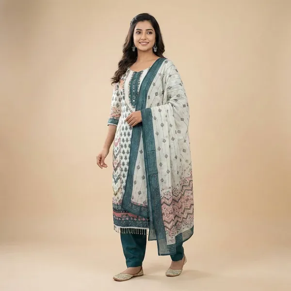 White_And_Teal_Green_Pure_Cotton_Ethnic_Suit_Set_For_Women