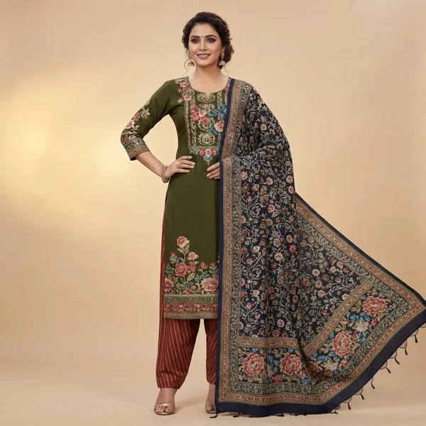 Olive_Green_With_Multicolor_Embroidery_Heavy_Lawn_Cotton_Ethnic_Suit_Set_For_Women
