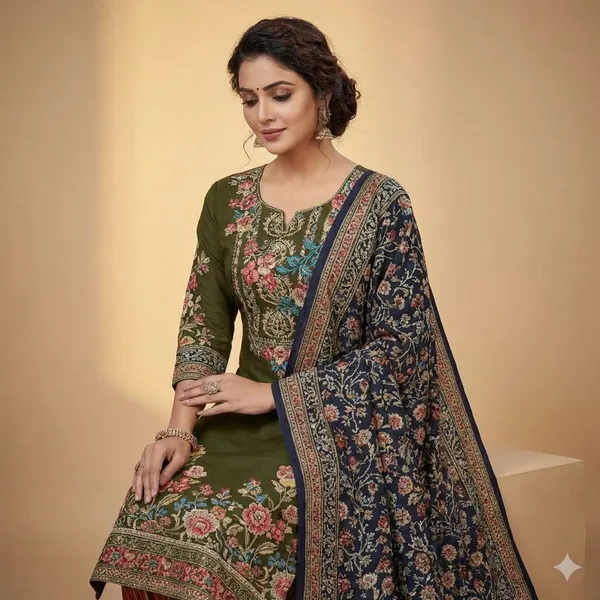 Olive_Green_With_Multicolor_Embroidery_Heavy_Lawn_Cotton_Ethnic_Suit_Set_For_Women