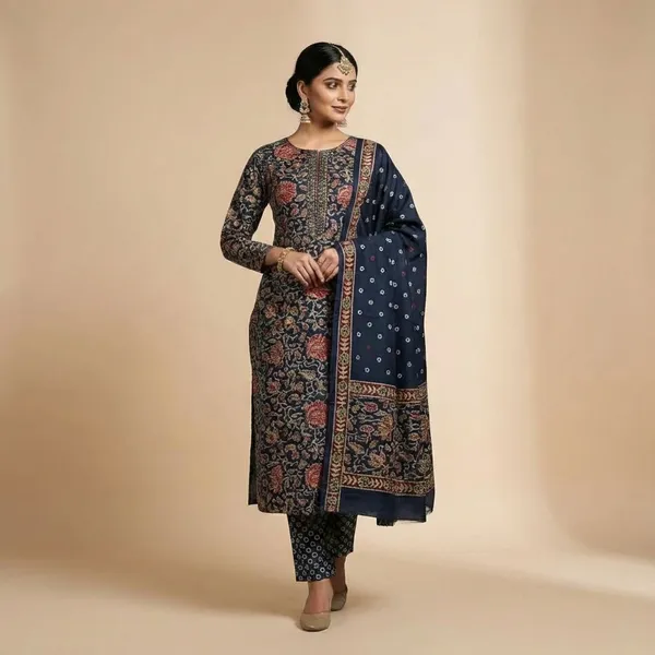 Deep_Navy_Blue_With_Multi_Thread_Floral_Weaves_Cotton_Ethnic_Suit_Set_For_Women