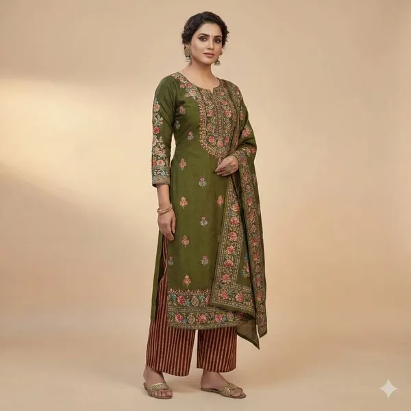 Olive_Green_With_Multicolor_Floral_Embroidery_Cotton_Ethnic_Suit_Set_For_Women