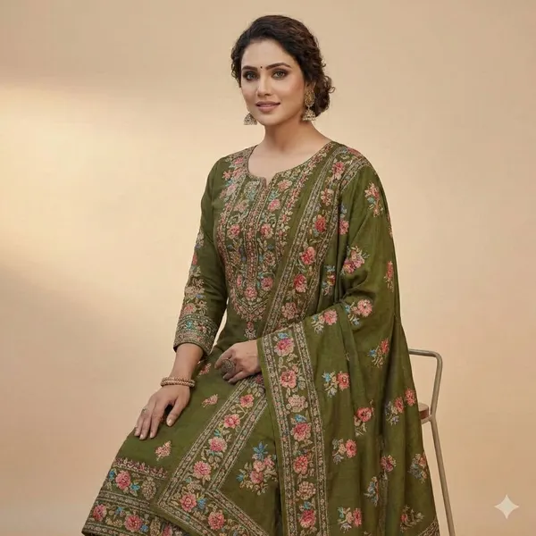 Olive_Green_With_Multicolor_Floral_Embroidery_Cotton_Ethnic_Suit_Set_For_Women