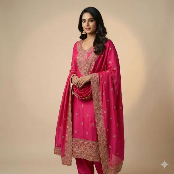 Royal_Pink_With_Golden_Embroidery_Silk_Blend_Fabric_With_Golden_Zari_Work_And_Matching_Dupatta_Ethnic_Suit_Set_For_Women