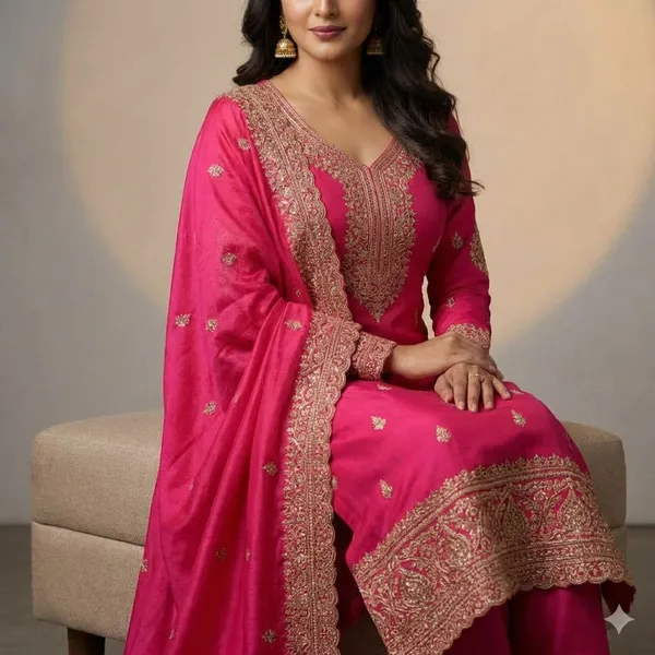 Royal_Pink_With_Golden_Embroidery_Silk_Blend_Fabric_With_Golden_Zari_Work_And_Matching_Dupatta_Ethnic_Suit_Set_For_Women