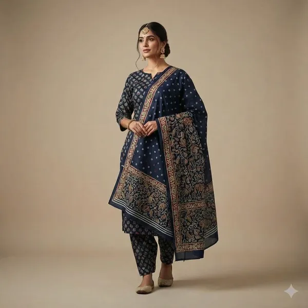 Navy_Blue_With_Maroon_Golden_Border_Handloom_Cotton_Fabric_With_Kalamkari_Digital_Print_Ethnic_Suit_Set_For_Women