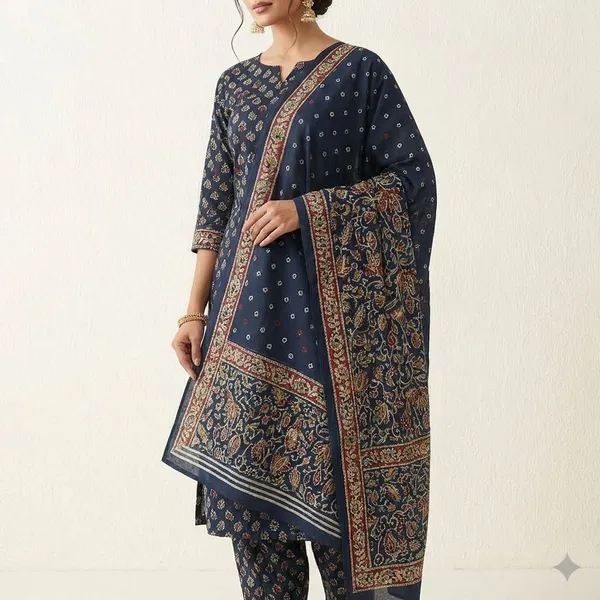Navy_Blue_With_Maroon_Golden_Border_Handloom_Cotton_Fabric_With_Kalamkari_Digital_Print_Ethnic_Suit_Set_For_Women