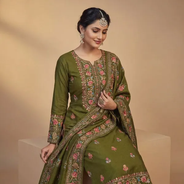 Olive_Green_With_Pink_Floral_Motifs_Muslin_Silk_Blend_With_Fine_Thread_Embroidery_Ethnic_Suit_Set_For_Women