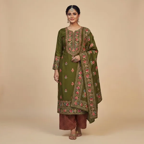 Olive_Green_With_Pink_Floral_Motifs_Muslin_Silk_Blend_With_Fine_Thread_Embroidery_Ethnic_Suit_Set_For_Women