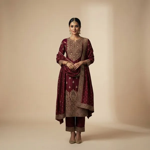 Deep_Maroon_With_Antique_Golden_Work_Viscose_Silk_With_Zari_And_Sequin_Detailing_Ethnic_Suit_Set_For_Women