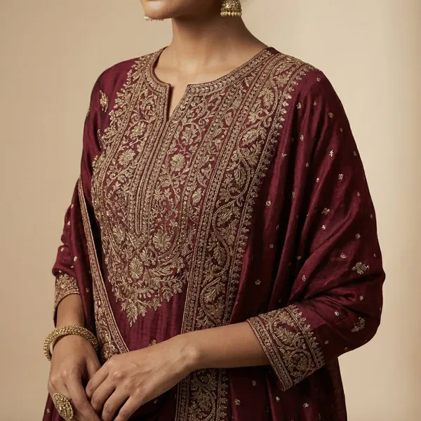 Deep_Maroon_With_Antique_Golden_Work_Viscose_Silk_With_Zari_And_Sequin_Detailing_Ethnic_Suit_Set_For_Women