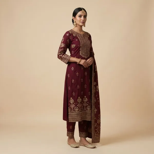 Wine_Red_With_Golden_Floral_Embroidery_Chanderi_Cotton_Silk_With_Rich_Threadwork_Ethnic_Suit_Set_For_Women