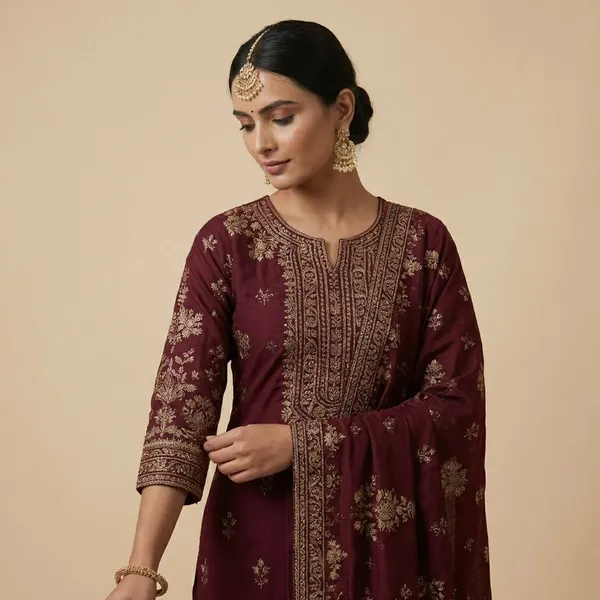Wine_Red_With_Golden_Floral_Embroidery_Chanderi_Cotton_Silk_With_Rich_Threadwork_Ethnic_Suit_Set_For_Women