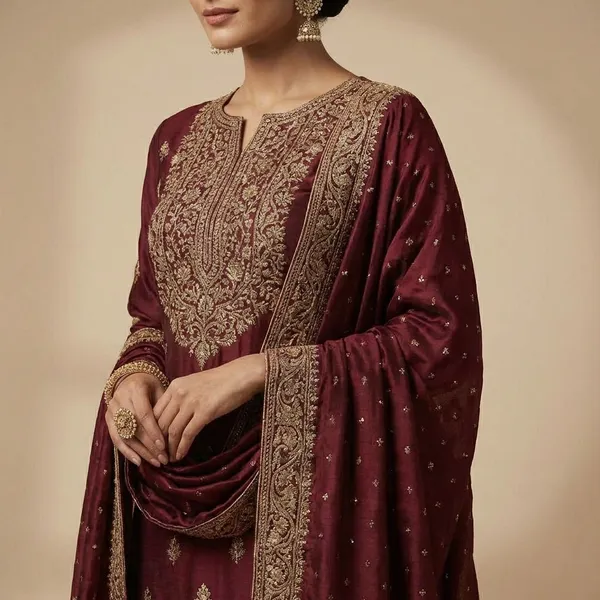 Crimson_Red_With_Antique_Zari_Detailing_Soft_Silk_Blend_With_Woven_Dupatta_Ethnic_Suit_Set_For_Women