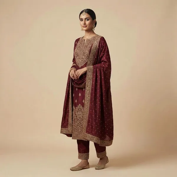 Crimson_Red_With_Antique_Zari_Detailing_Soft_Silk_Blend_With_Woven_Dupatta_Ethnic_Suit_Set_For_Women