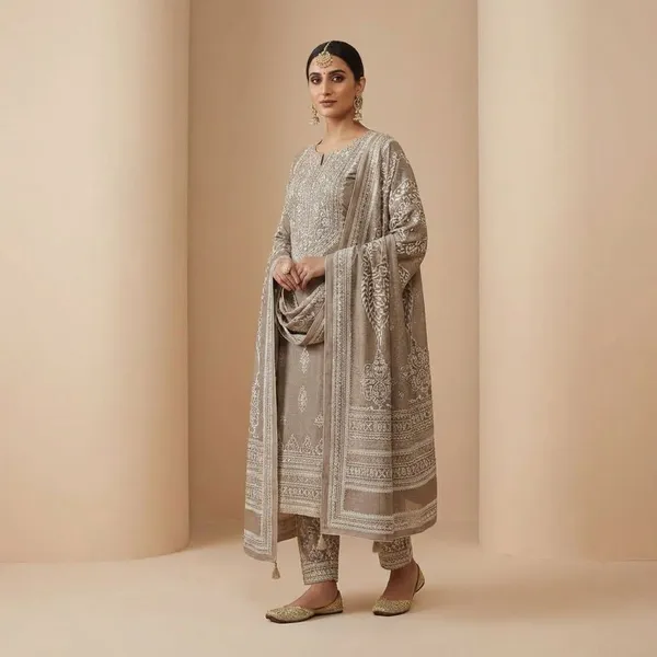Silver_Beige_With_White_Embroidery_Chanderi_Tissue_Fabric_With_Thread_And_Foil_Work_Ethnic_Suit_Set_For_Women