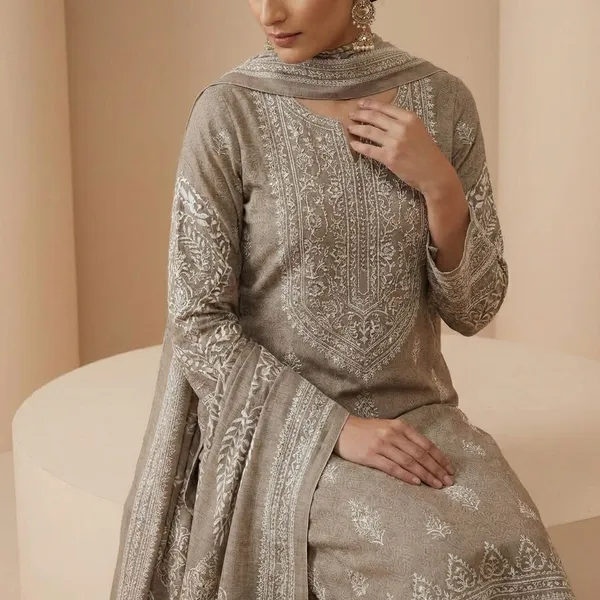 Silver_Beige_With_White_Embroidery_Chanderi_Tissue_Fabric_With_Thread_And_Foil_Work_Ethnic_Suit_Set_For_Women