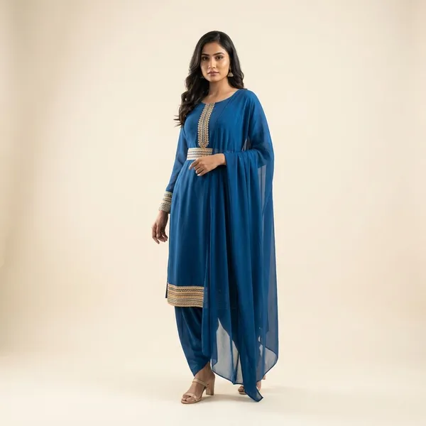 Deep_Ocean_Blue_Georgette_With_Golden_Lace_Border_Ethnic_Suit_Set_For_Women