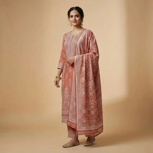 Terracotta_Orange_Cotton_Blend_With_Handblock_Print_Ethnic_Suit_Set_For_Women
