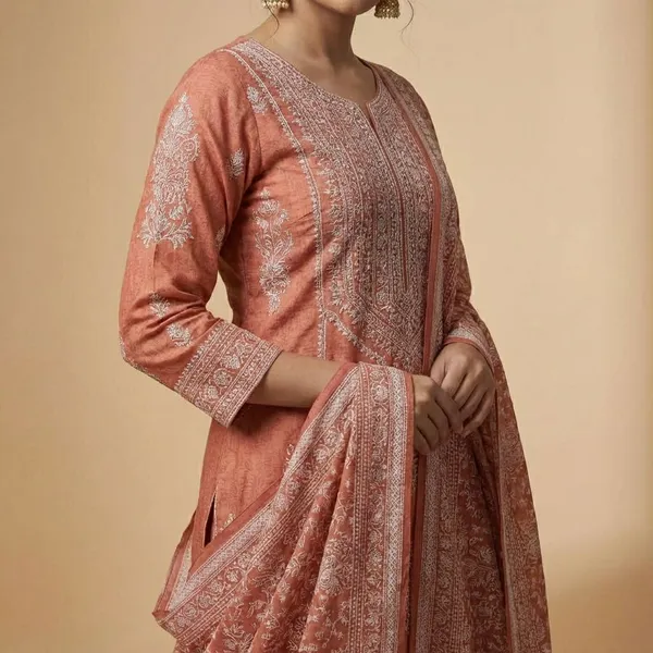 Terracotta_Orange_Cotton_Blend_With_Handblock_Print_Ethnic_Suit_Set_For_Women
