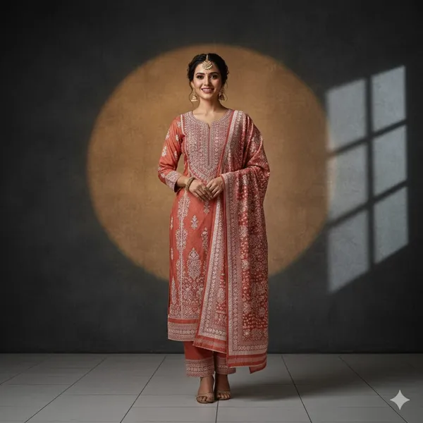 Terracotta_Orange_Cotton_Blend_With_Handblock_Print_Ethnic_Suit_Set_For_Women
