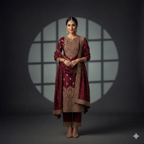 Deep_Maroon_With_Antique_Golden_Work_Viscose_Silk_With_Zari_And_Sequin_Detailing_Ethnic_Suit_Set_For_Women