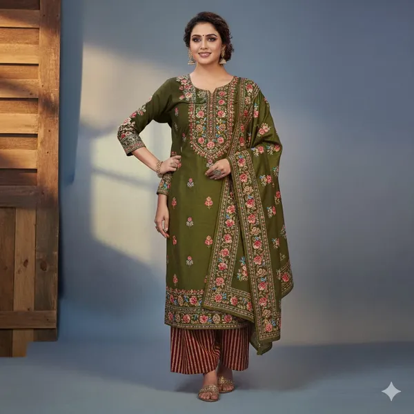 Olive_Green_With_Multicolor_Floral_Embroidery_Cotton_Ethnic_Suit_Set_For_Women