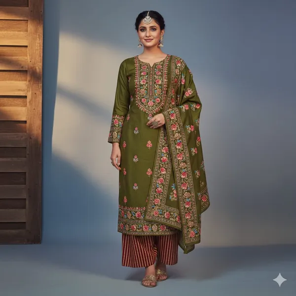 Olive_Green_With_Pink_Floral_Motifs_Muslin_Silk_Blend_With_Fine_Thread_Embroidery_Ethnic_Suit_Set_For_Women