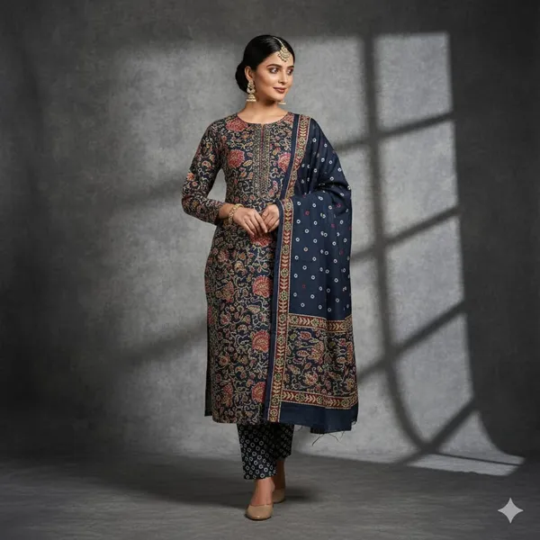 Deep_Navy_Blue_With_Multi_Thread_Floral_Weaves_Cotton_Ethnic_Suit_Set_For_Women