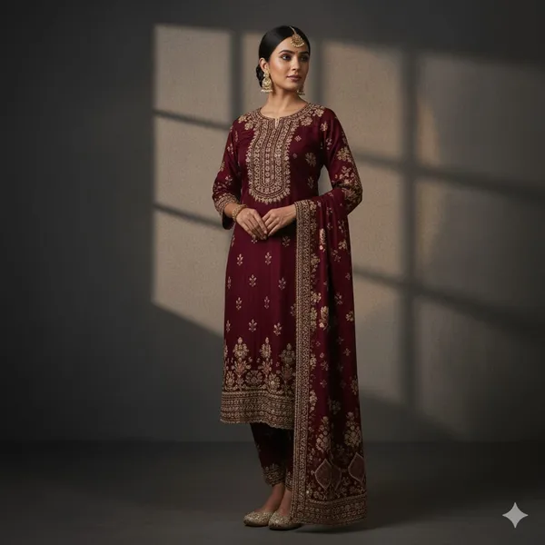 Wine_Red_With_Golden_Floral_Embroidery_Chanderi_Cotton_Silk_With_Rich_Threadwork_Ethnic_Suit_Set_For_Women