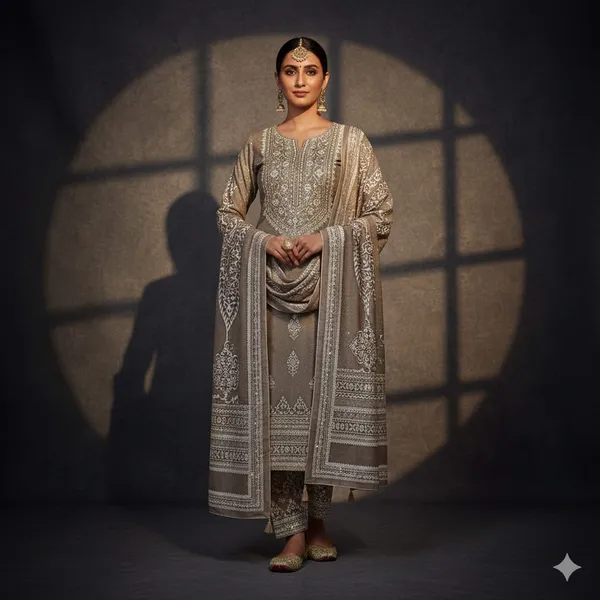 Silver_Beige_With_White_Embroidery_Chanderi_Tissue_Fabric_With_Thread_And_Foil_Work_Ethnic_Suit_Set_For_Women
