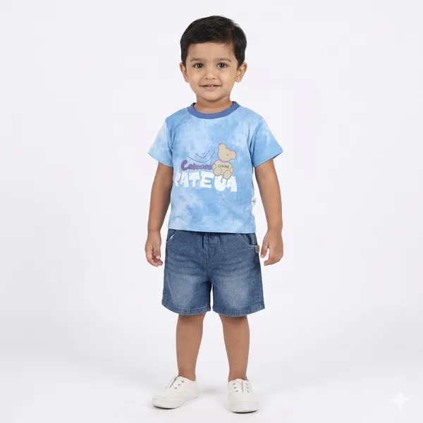 Blue_Tie-Dye_T-Shirt_And_Denim_Shorts_Set,_Blue,_Summer_Casual_Wear