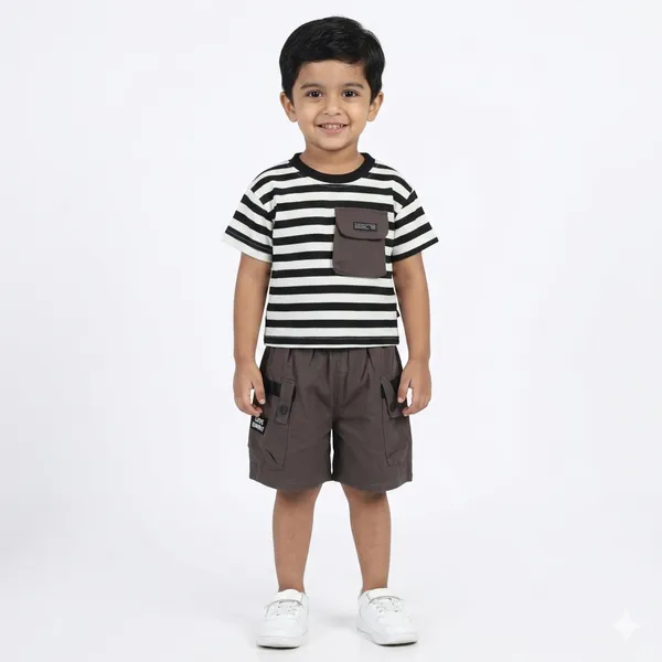 Black_Striped_T-Shirt_And_Cargo_Shorts_Set,_Utility_Pockets