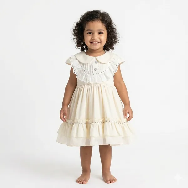 Cream_Floral_Print_Layered_Dress,_Ruffled_Design_With_Pom_Pom_Trim_And_Floral_Bow