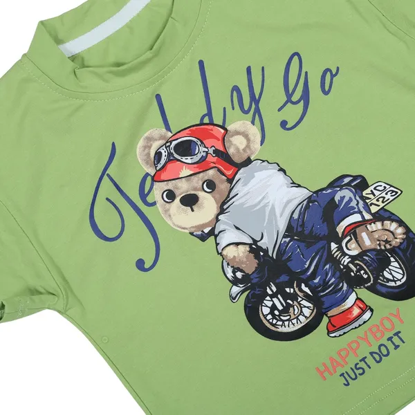 Green_Cartoon_T-Shirt_And_Denim_Shorts_Set,_Cotton_Casual_Wear