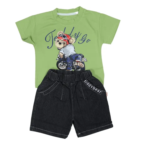 Green_Cartoon_T-Shirt_And_Denim_Shorts_Set,_Cotton_Casual_Wear