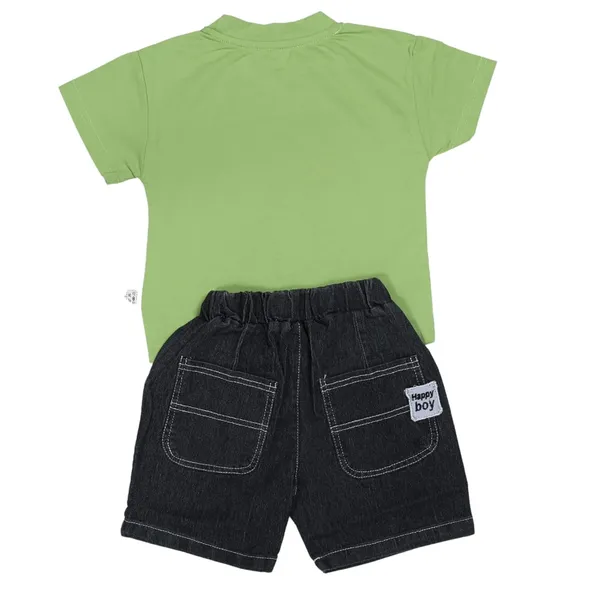 Green_Cartoon_T-Shirt_And_Denim_Shorts_Set,_Cotton_Casual_Wear