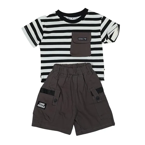 Black_Striped_T-Shirt_And_Cargo_Shorts_Set,_Utility_Pockets