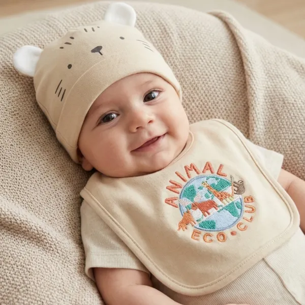 Kiddozoo_0-6M_Pure_Cotton_Winter_4-Piece_Baby_Caps_&_Bibs_Set_–_Animal_Print_(Unisex)