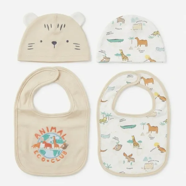 Kiddozoo_0-6M_Pure_Cotton_Winter_4-Piece_Baby_Caps_&_Bibs_Set_–_Animal_Print_(Unisex)