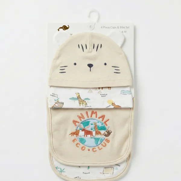 Kiddozoo_0-6M_Pure_Cotton_Winter_4-Piece_Baby_Caps_&_Bibs_Set_–_Animal_Print_(Unisex)